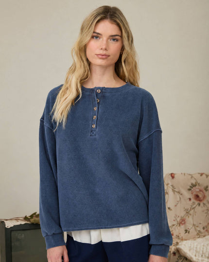 HENLEY RIBBED BOXY LONG SLEEVE WASHED KNIT TOP