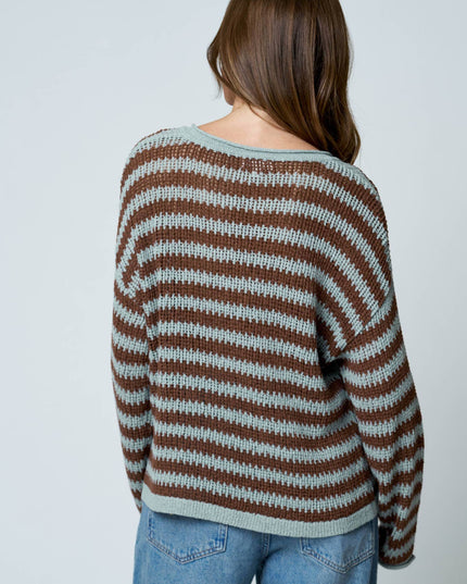 STRIPE RAW EDGE SPLIT NECK SHEER KNIT SWEATER
