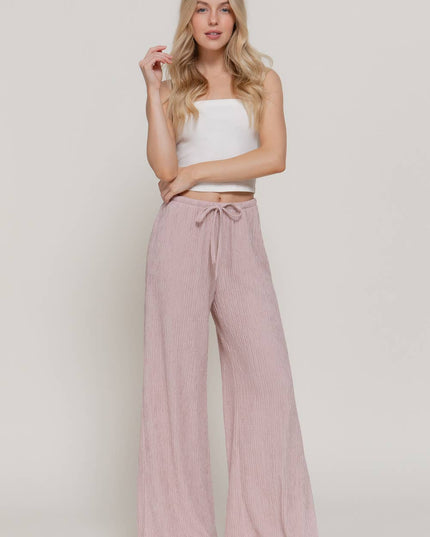 Waistband with String Crinkle Knit Long Pants
