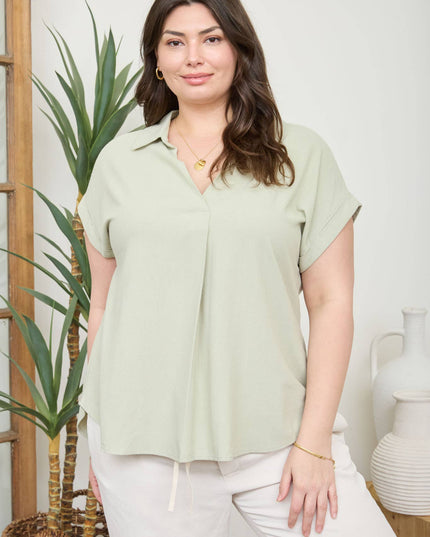 PLUS COLLARED SPLIT NECK CUFF SLEEVE LINEN TOP