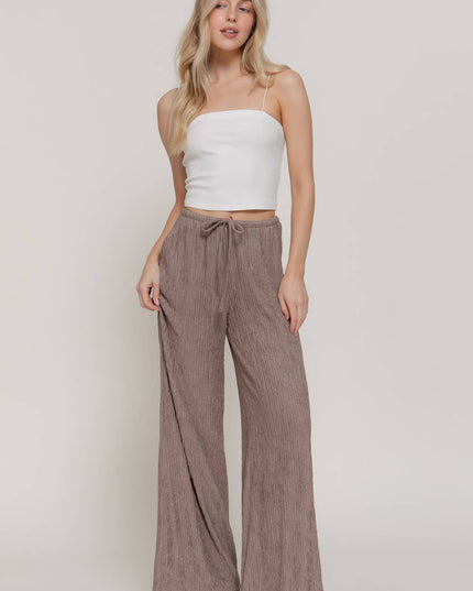 Waistband with String Crinkle Knit Long Pants