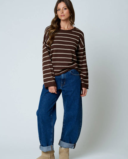 STRIPE TEXTURED RAW EDGE LONG SLEEVE KNIT SWEATER