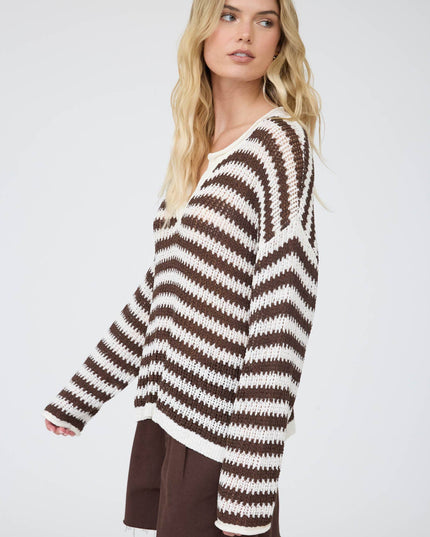 STRIPE RAW EDGE SPLIT NECK SHEER KNIT SWEATER
