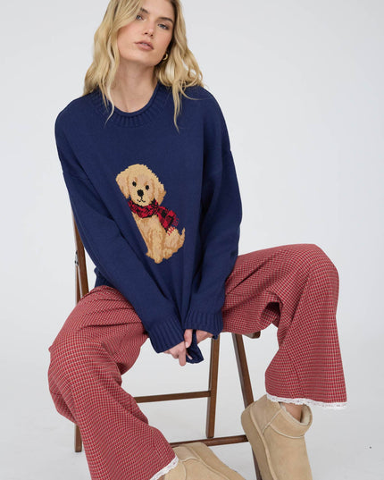 INTARSIA PUPPY CREW NECK RELAXED SWEATER