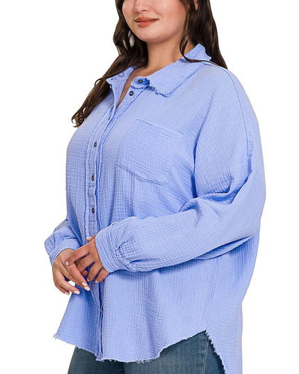 `Plus Oversized Raw Edge Shirt SI-23811 Zenana