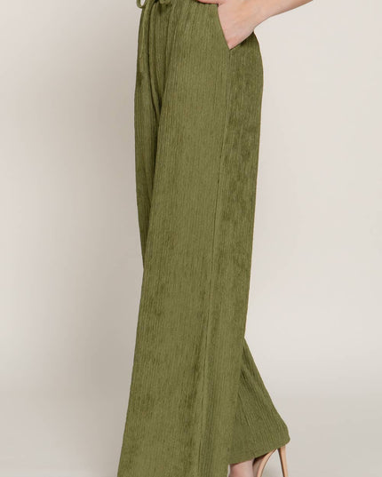Waistband with String Crinkle Knit Long Pants