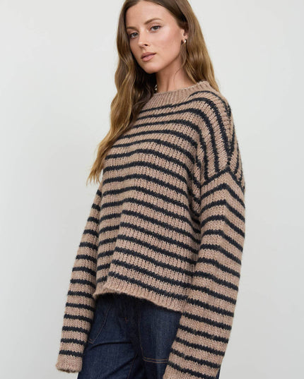STRIPE ROLLED EDGE DETAIL LONG SLEEVE KNIT SWEATER