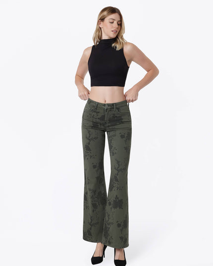 MID RISE GREEN FLORAL PRINT VINTAGE FLARE JEANS T7588GEN