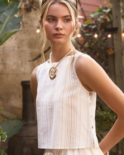 STRIPE SLEEVELESS SIDE BUTTON DETAIL TOP