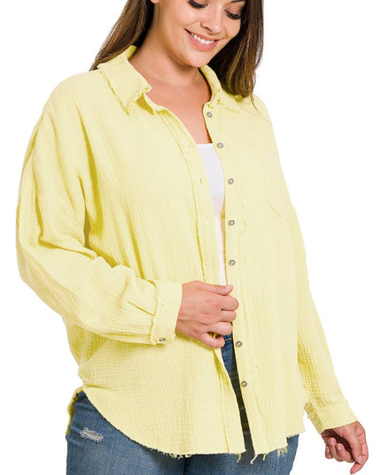 `Plus Oversized Raw Edge Shirt SI-23811 Zenana