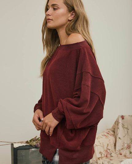 TIERED SLEEVE BOAT NECK EXPOSED SEAM KNIT TOP