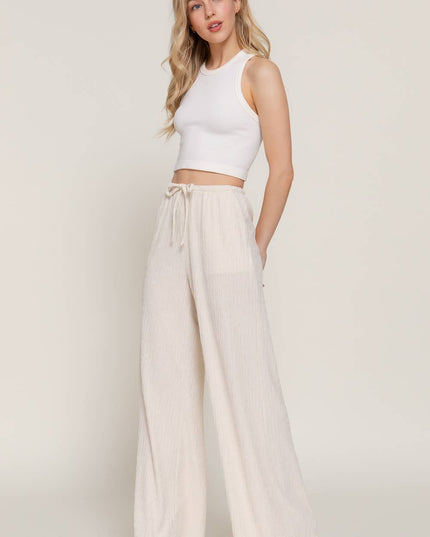 Waistband with String Crinkle Knit Long Pants
