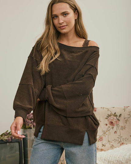 TIERED SLEEVE BOAT NECK EXPOSED SEAM KNIT TOP
