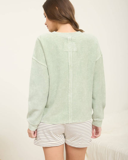 WASHED POCKET DETAIL LONG SLEEVE RIB KNIT TOP