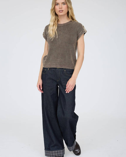 ACID WASHED TAB SLEEVE BACK BUTTON KNIT TOP