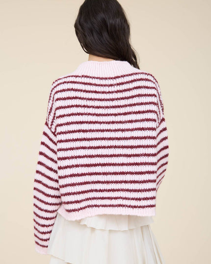STRIPE ROLLED EDGE DETAIL LONG SLEEVE KNIT SWEATER