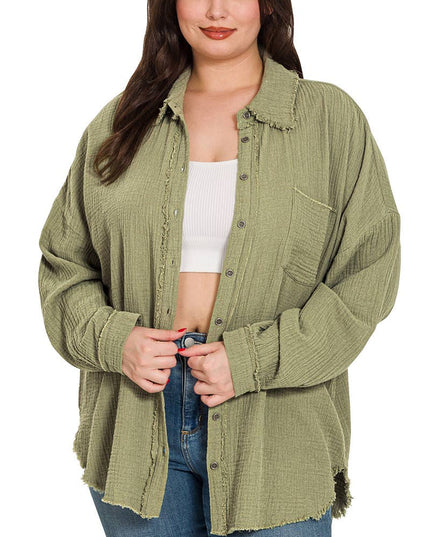 `Plus Oversized Raw Edge Shirt SI-23811 Zenana