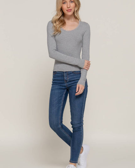 Long Sleeve Scoop Neck with Lace Trim Rib Knit Top