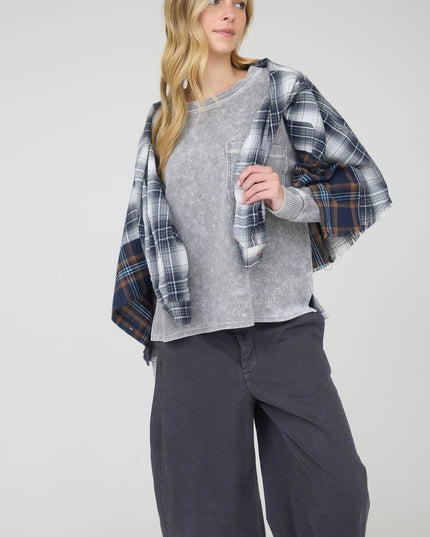 WASHED POCKET DETAIL LONG SLEEVE RIB KNIT TOP
