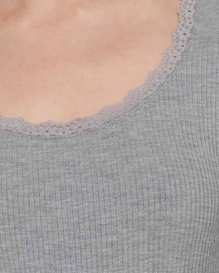 Long Sleeve Scoop Neck with Lace Trim Rib Knit Top