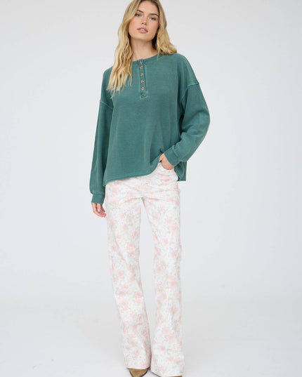 HENLEY RIBBED BOXY LONG SLEEVE WASHED KNIT TOP