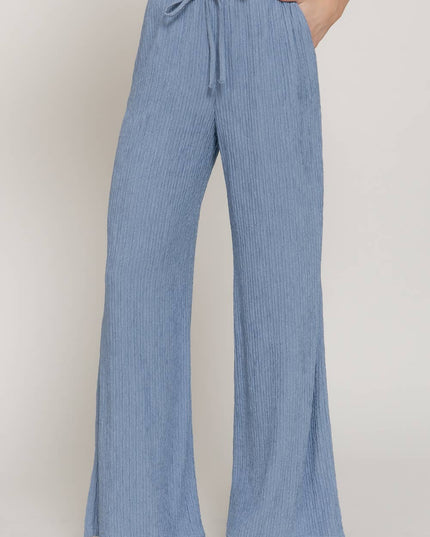 Waistband with String Crinkle Knit Long Pants