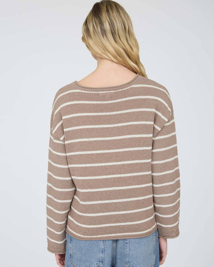 STRIPE TEXTURED RAW EDGE LONG SLEEVE KNIT SWEATER