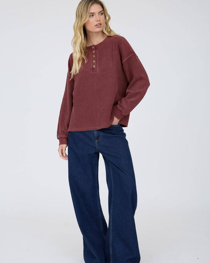 HENLEY RIBBED BOXY LONG SLEEVE WASHED KNIT TOP