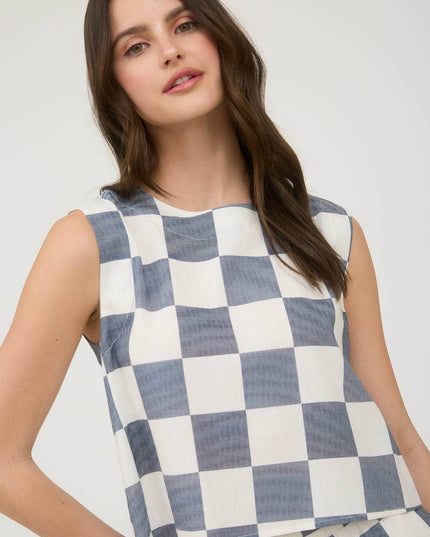 CHECKERED SLEEVELESS LINEN CROP TOP