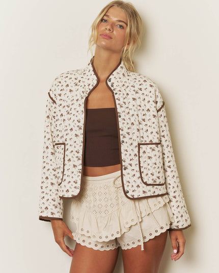 FLORAL PRINT SNAP BUTTON QUILTED JACKET