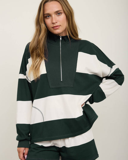 WIDE STRIPE HALF ZIP LONG SLEEVE KNIT TOP