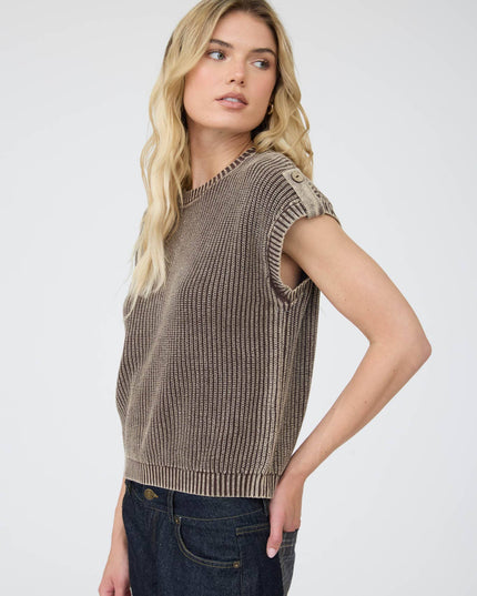ACID WASHED TAB SLEEVE BACK BUTTON KNIT TOP