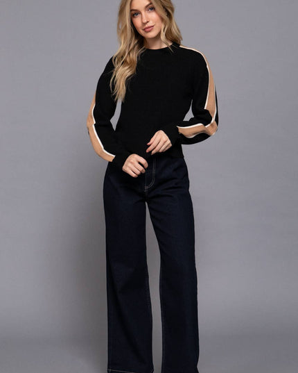 Long Sleeve Round Neck Sleeve Line Detail Sweater