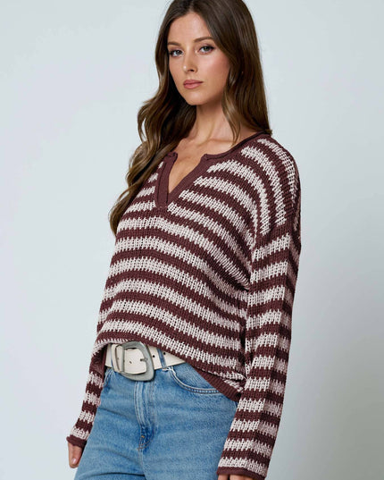 STRIPE RAW EDGE SPLIT NECK SHEER KNIT SWEATER
