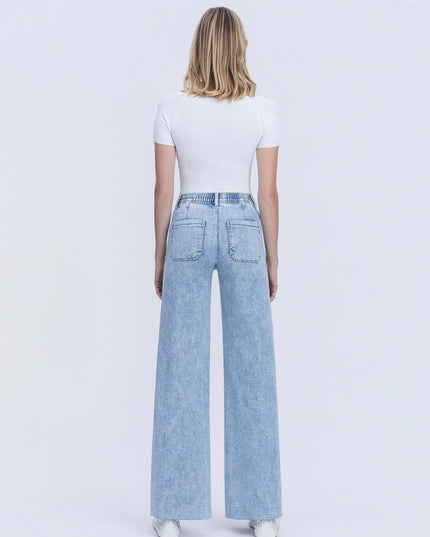 HIGH RISE DRAWSTRING WAISTBAND WIDE LEG JEANS F6065