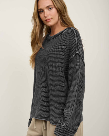 WASHED RIBBED LONG SLEEVE FOLDED CUFF KNIT SWEATER