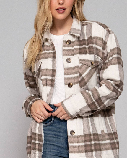 Long Sleeve Inside Faux Fur Brushed Plaid Jacket