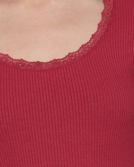Long Sleeve Scoop Neck with Lace Trim Rib Knit Top