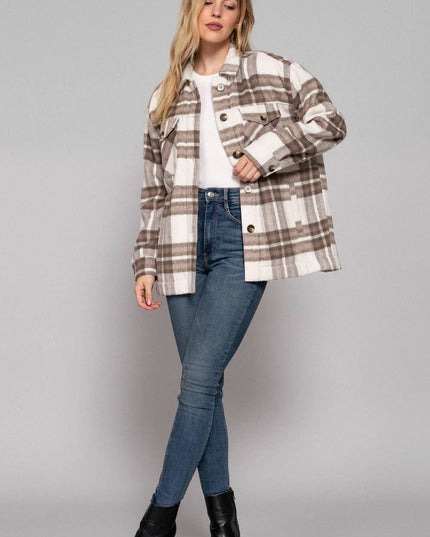 Long Sleeve Inside Faux Fur Brushed Plaid Jacket