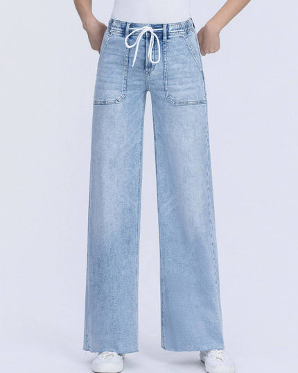 HIGH RISE DRAWSTRING WAISTBAND WIDE LEG JEANS F6065