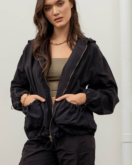 ZIP UP DRAWSTRING HOODED JACKET
