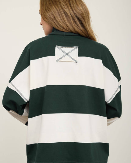 WIDE STRIPE HALF ZIP LONG SLEEVE KNIT TOP