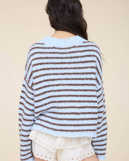STRIPE ROLLED EDGE DETAIL LONG SLEEVE KNIT SWEATER