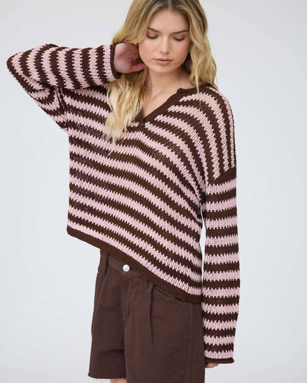 STRIPE RAW EDGE SPLIT NECK SHEER KNIT SWEATER