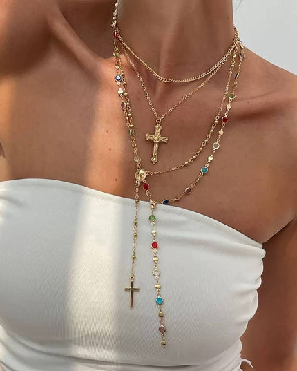 BOHO Y MULTI STONE CROSS LARIAT LAYER NECKLACE | 80N92467
