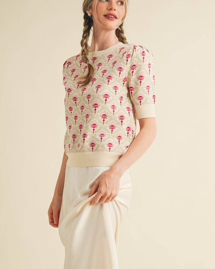 FLORAL PATTERN SHORT SLEEVE SWEATER MSW10860