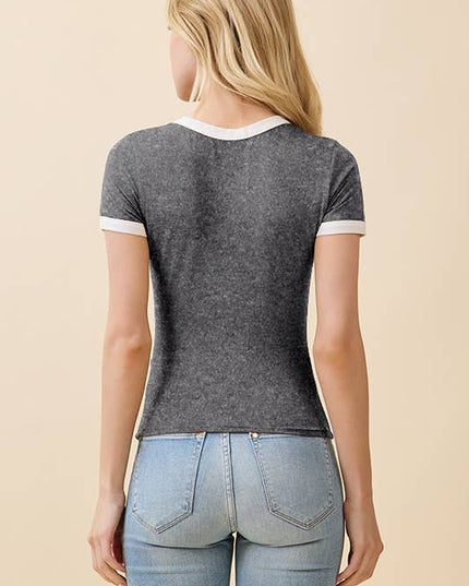 JT56633 - CREW NK CONTRAST BINDING RINGER SHORT SLV TOP