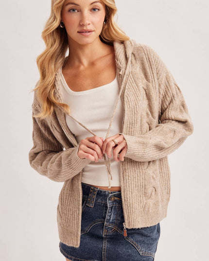 ZIP-UP CABLE KNIT SWEATER CARDIGAN WITH HOOD