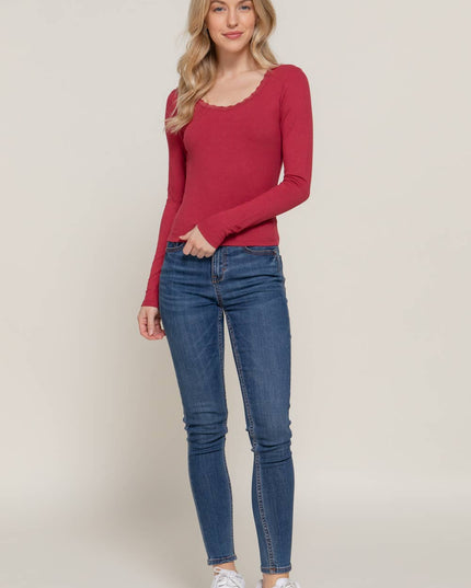 Long Sleeve Scoop Neck with Lace Trim Rib Knit Top
