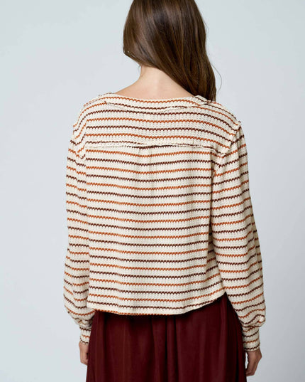 MULTICOLOR STRIPE LONG SLEEVE YOKE DETAIL KNIT TOP
